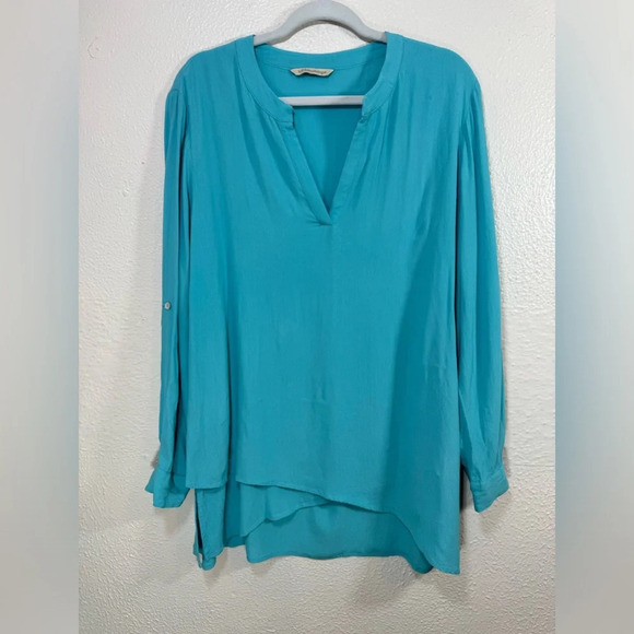 Soft Surroundings Turquoise Asymmetric Layered Roll Tab Tunic Top - Picture 2 of 12